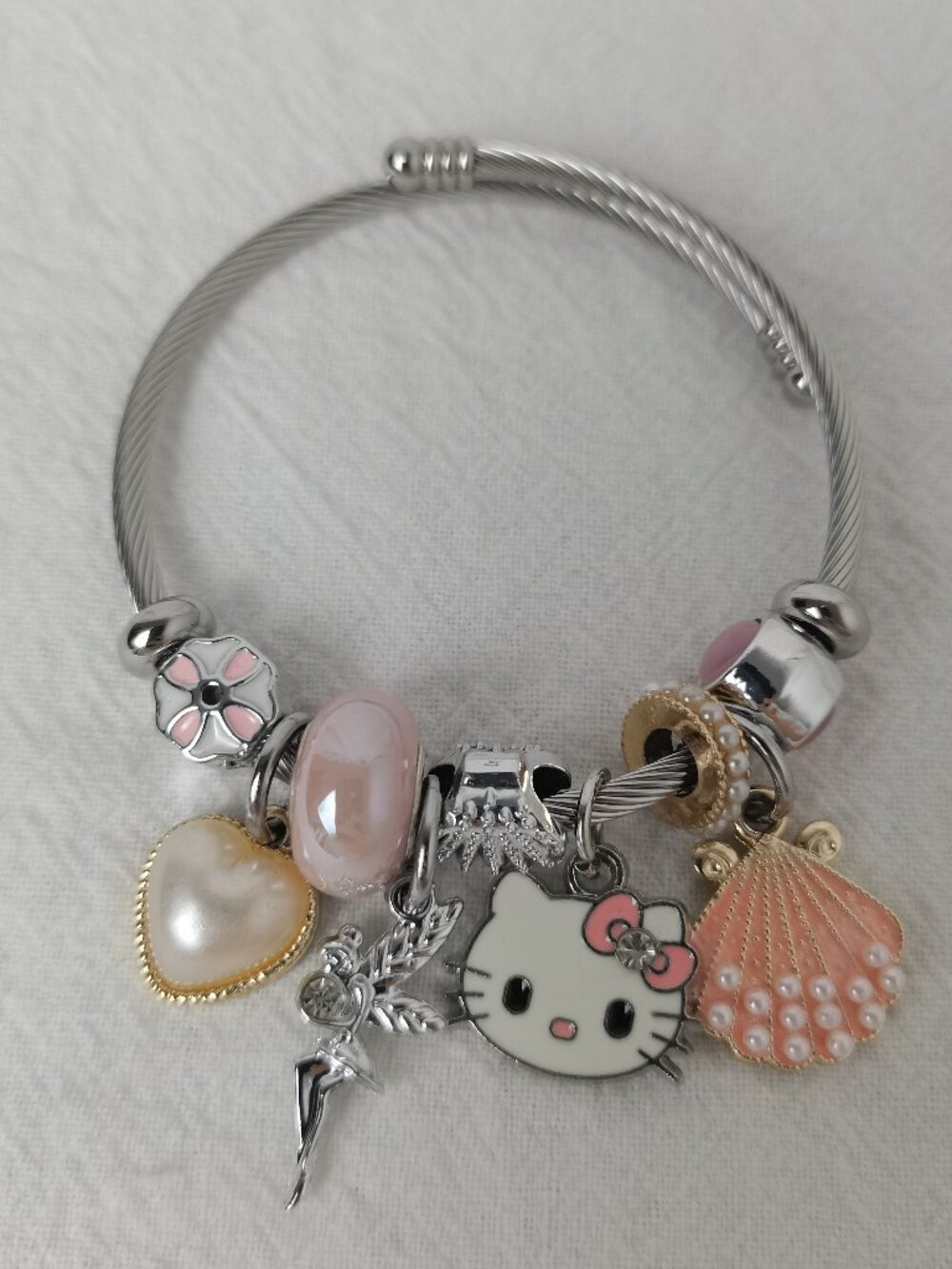 Orange & Silver Hello Kitty Charm Pendant Tone Bangle Bracelet